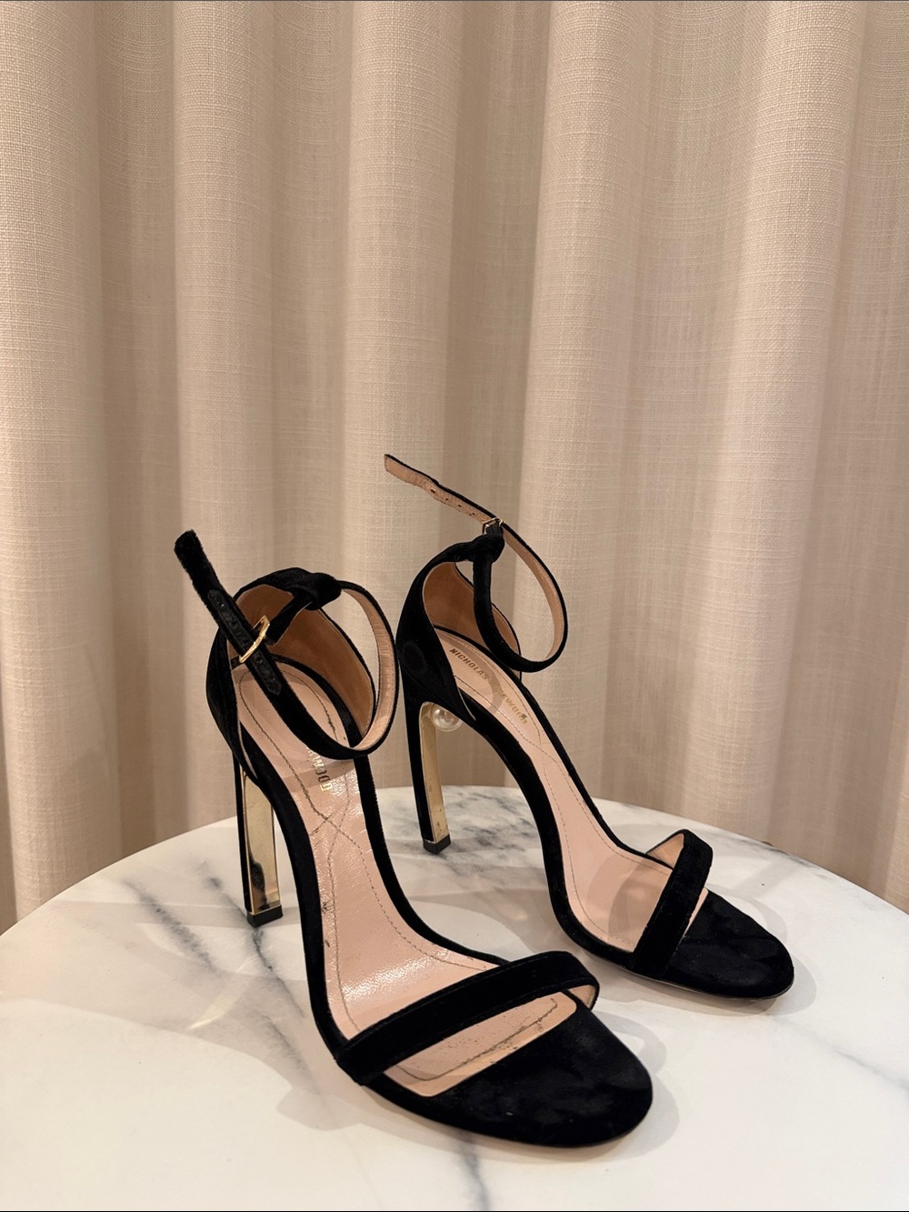 Nicholas Kirkwood Black Velvet Ankle-Strap Stiletto Sandals with Pearl detail
